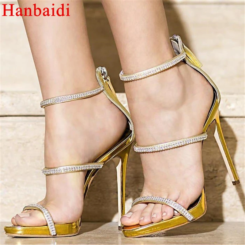 

Hanbaidi Gold Sliver Women Crystal Women Summer Sandals Single Back Peep Tow Buckle Strap High Heels Pumps Party Wedding Shoes