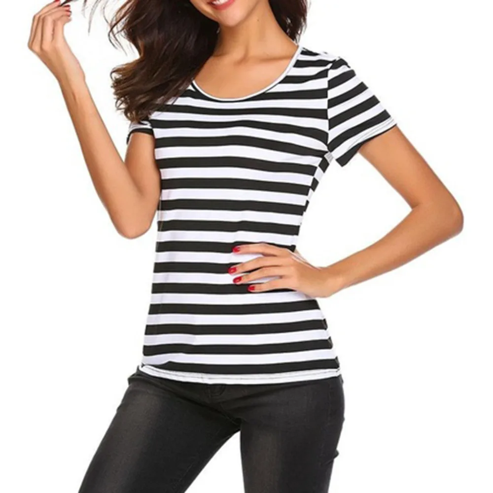 Ladies Blouse Women Short Sleeve Print Striped Loose Shirt Casual 3XL Size Lady Blouses O-Neck Hollow Basic Tops Blusas L*5 |