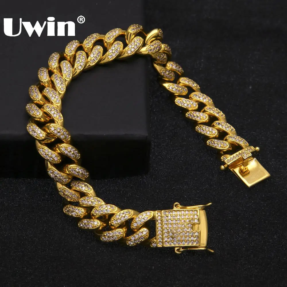 Uwin Hip Hop Luxury Crystal Cz Zircon Triple Lock Bracelet 14mm Cuban