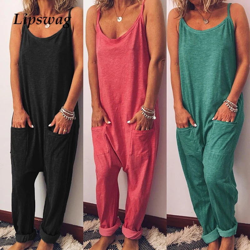 

Lipswag Women Off Shoulder Pockets Trousers Jumpsuit Sexy Sleeveless Solid Color Jumpsuits 2019 Summer Beach Overalls Playsuit