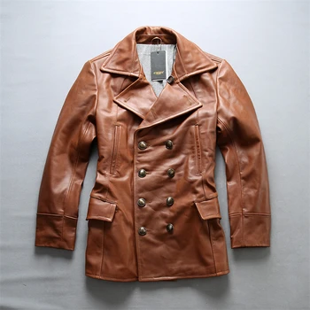 

brand cow leather autumn winter jacket men's classic thick cowhide leather windbreak coat male vintage double breasted jacket