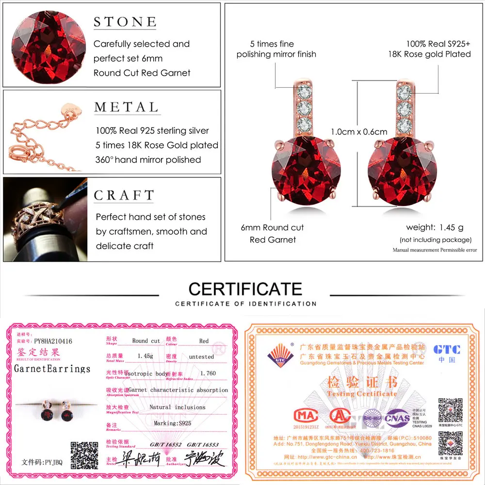 LAMOON Trendy 2ct Natural Red Garnet 925 Sterling Silver Stud Earrings Fine Jewelry For Women S925 LMEI031
