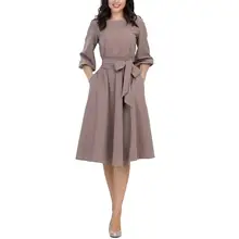 Мода женщин элегантный сплошной цвет Половина рукава Круглый шеи миди платье с поясом Горячая