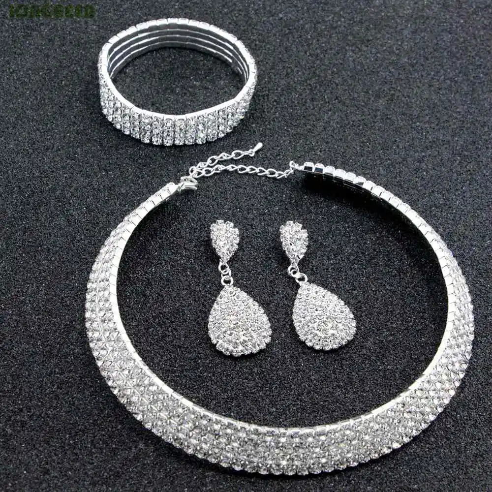 

White Silver Plated Crystal Jewelry Necklace Earring Bracelet Wedding Bridal Jewelry Set For Women Accessories Visuteria Mujeres