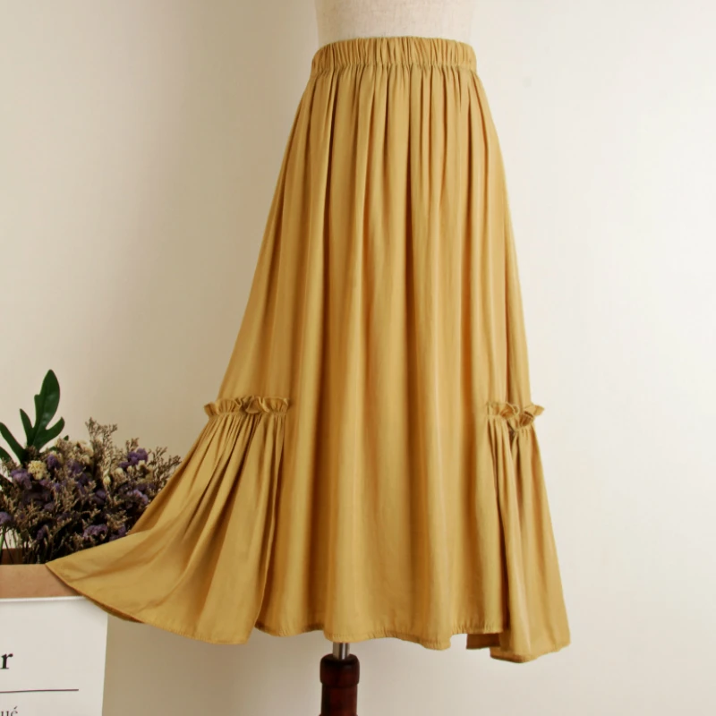 

Summer Irregular Long Skirts Solid Cotton Blend Soft Boho Patchwork A-line Elegant Mid Calf Long Skirts Mustard/Green Skirts