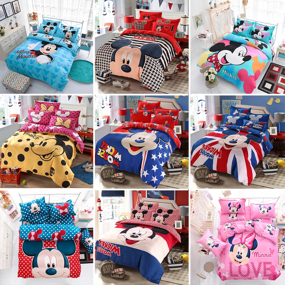 Disney Mickey Mouse Kids Bed Bedding Sets Cartoon Girls Duvet Cover Bedclothes Pillowcase Sheet 4PCS Children Soft Bed Linen Set