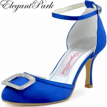 Женские белые туфли на высоком каблуке с закрытым носком и стразами; атласные свадебные модельные туфли для невесты; цвет слоновой кости, синий; EP2100