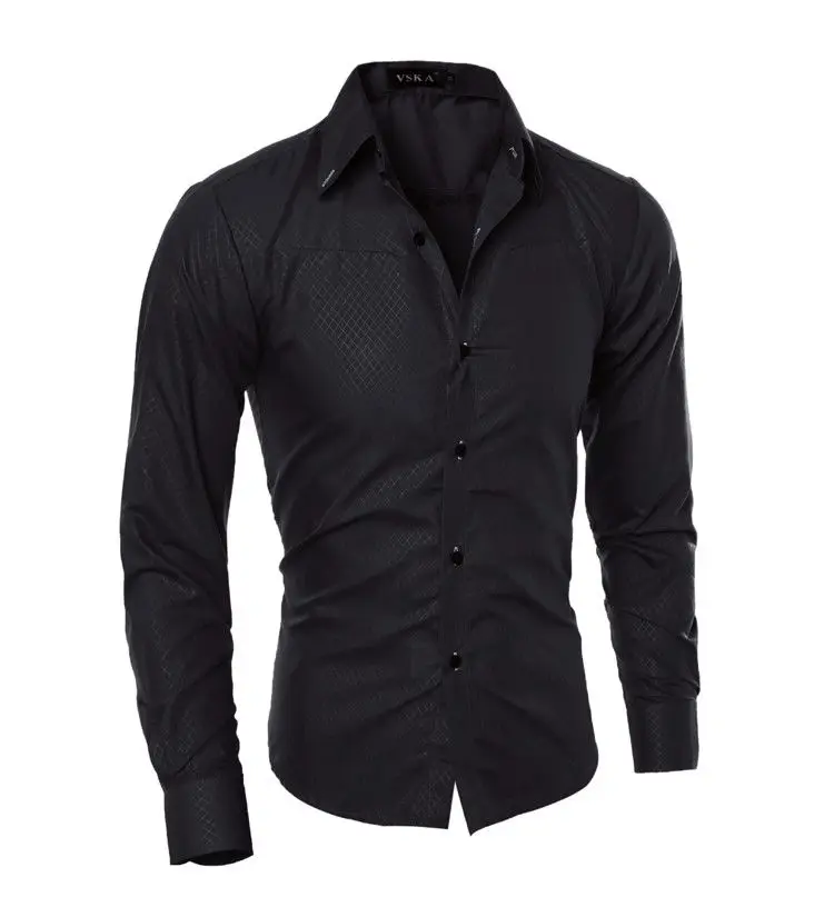 Мужская приталенная деловая рубашка с длинным рукавом, повседневные хлопковые рубашки, топы черного, белого, красного, темно-синего цвета - Цвет: Черный