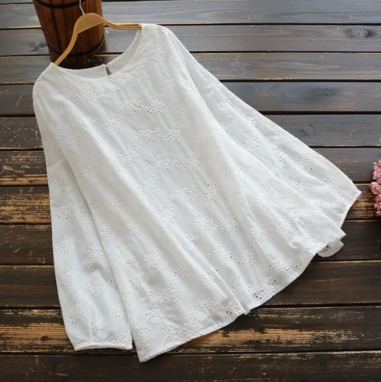

Casual Mori Girl Shirts 2019 Summer Women Back Draw String Hollow Embroidery Big Size Solid Loose O-Neck White Tops YoYiKamomo
