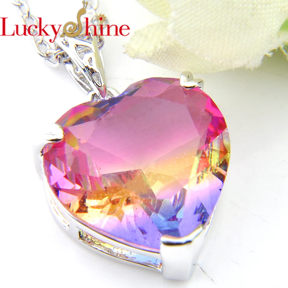 

Luckyshine 2 Pcs/Lot New Heart Rainbow Crystal Zircon Pendants Silver Plated Bi colored Tourmaline For Women Wedding Pendants