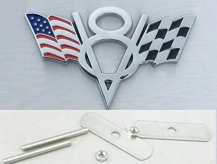 100 Pieces Chrome Metal V8 USA Flags Car Hood Grille Styling Stickers