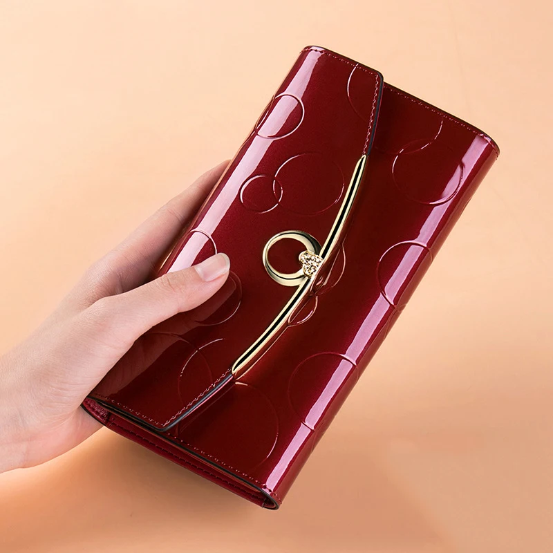 

Genuine Leather Women Wallet Luxury Designer Patent Leather Wallets Female Clutch Ladies 3 Fold Long Fashion Diamond Hasp Wallet