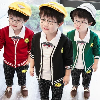 

Baby Spring and Autumn Boys Set Smiley Letters Stripes Cartoon Casual Cotton Sports Long Sleeve Baby Three-Piece Set