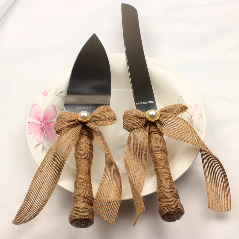 Wedding Cake Knife and Serving Set Rustic Jute Twine Wrapped Handlein