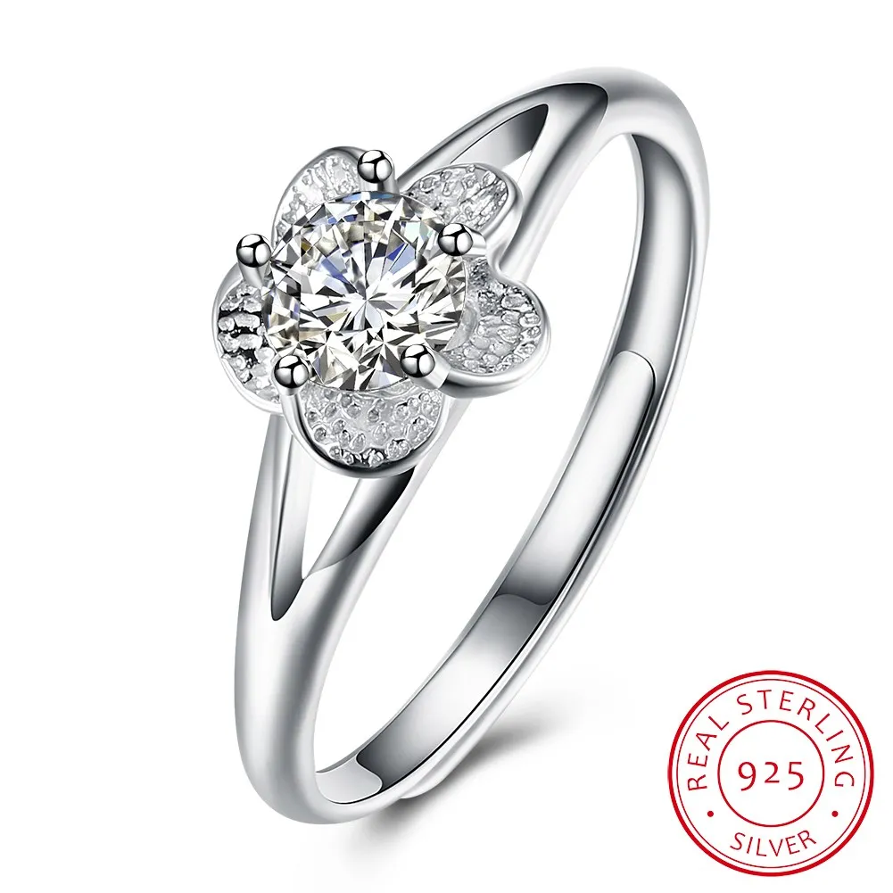 Fashion 100 S925 Sterling Silver Ring Flower Design Crystal Pure