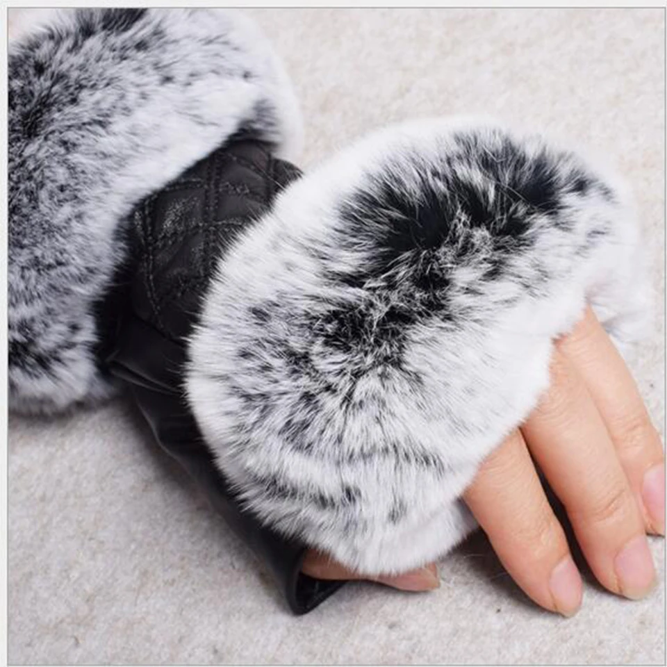 Зимние модные перчатки с натуральным кроличьим мехом теплые перчатки без пальцев женские из натуральной овчины кожаные перчатки варежки G#2