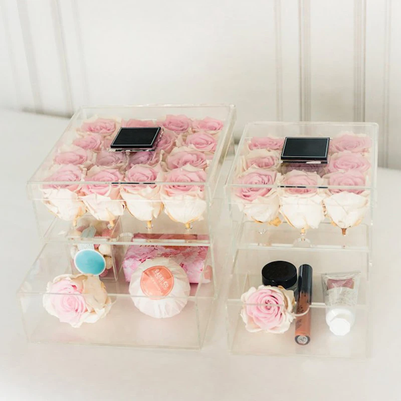 

Clear Acrylic White Pink Rose Box Cosmetic Case Makeup Organizer Box Rose Flower Box with Flowers Drawer Customize for Girl Mom