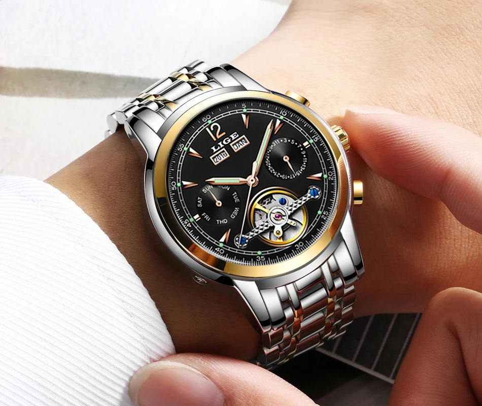 esporte casual tourbillon aço inoxidável relógios à