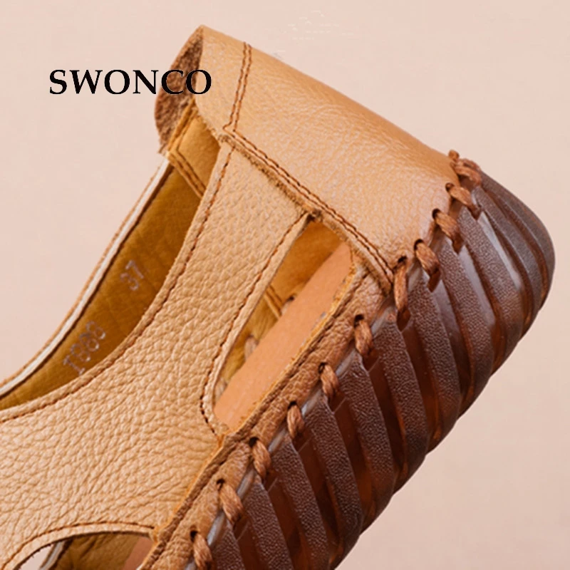 SWONCO/женские босоножки; коллекция года; сезон лето; женская обувь ручной работы из натуральной кожи; кожаные сандалии; женская обувь на плоской подошве в стиле ретро; обувь для мам