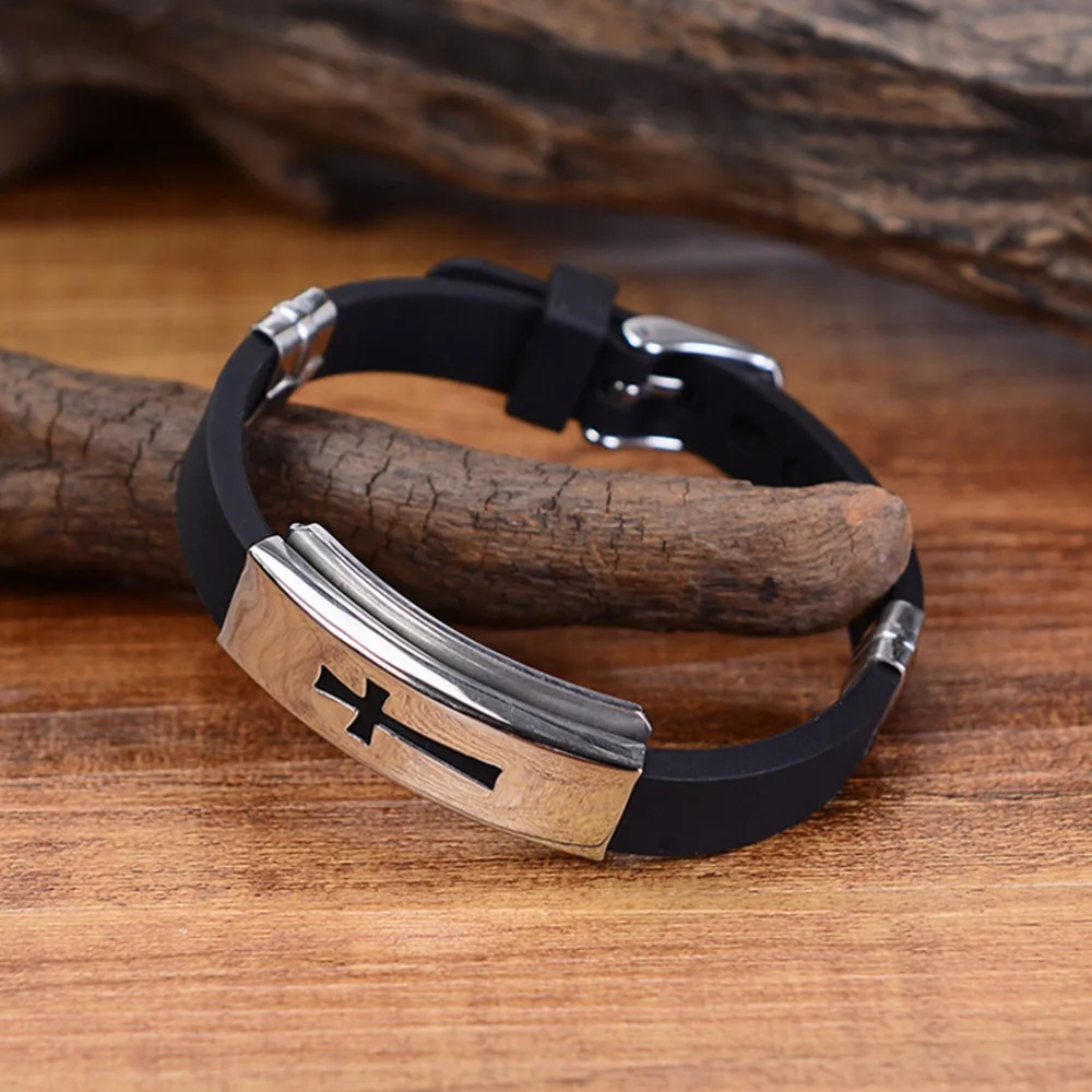 

Religious Black Rubber Silicone Charm Bracelets Stainless Steel Hollow Buds Cross Bracelet For Men
