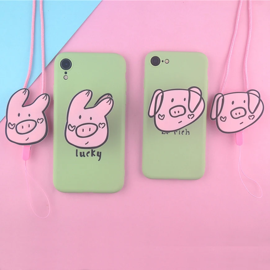 

For iPhone Xs Max Xs 7 8Plus Case Lucky Rich Pig TPU Case Pig Nose Soft Phone Strap Rope Case