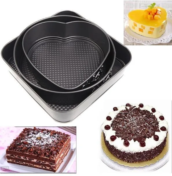 

Set of Three Springform Pans Cake Bake Mould Mold Bakeware with Removable Bottom Round Heart Square Shape Versatile Sturdy