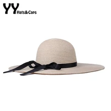 Летние пляжные Шапки для Для женщин соломенная шляпа с широкими полями, шляпу ленты лук УФ Кепки pello donna YY60209
