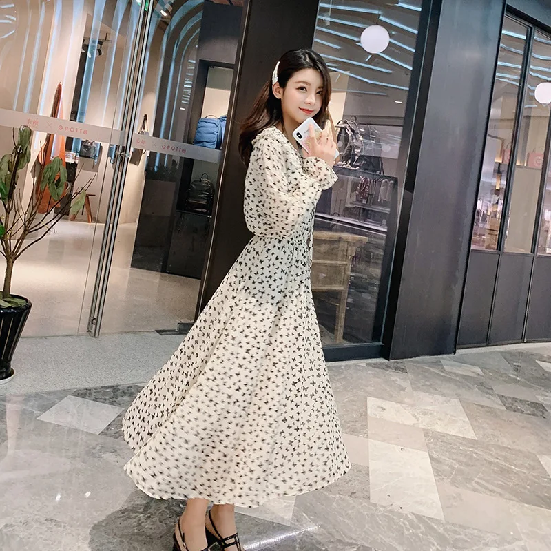 

Spring Chiffon Dresses Women Chic Elegant Small Floral Print Flare Sleeve Lace-up High Waist Long Dress Female Bohe Vestidos