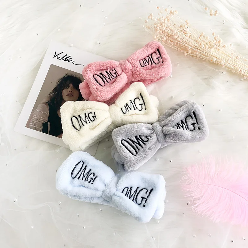 New Colorful OMG Letters Bow Coral Fleece Hairbands For Women Girls Headbands Bandanas Hair Bands Headwear Kids Hair Accessories