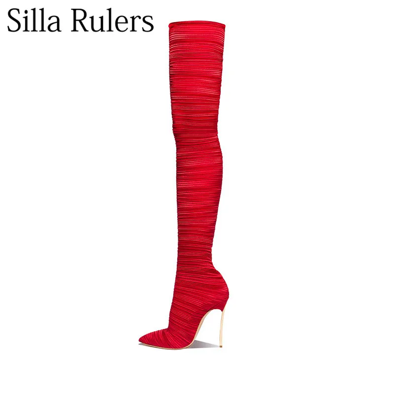 Mujeres Rodilla Red Gobernantes Encima Silla Super Largo Mujer La Punta Botas Sexy Tacones De Rojo Por Tejido Damas Elástico Fiesta wfxH4x8v