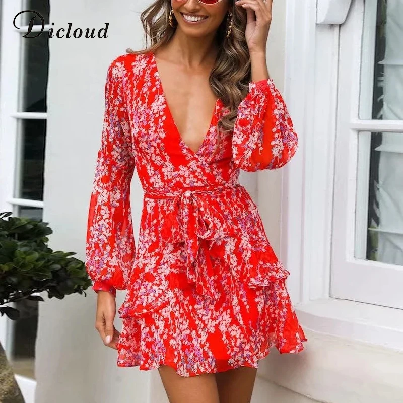 

DICLOUD Sexy Red V Neck Boho Chiffon Dresses Women Autumn Long Sleeve Floral Print Ruffles Mini A Line Wrap Dress With Sashes