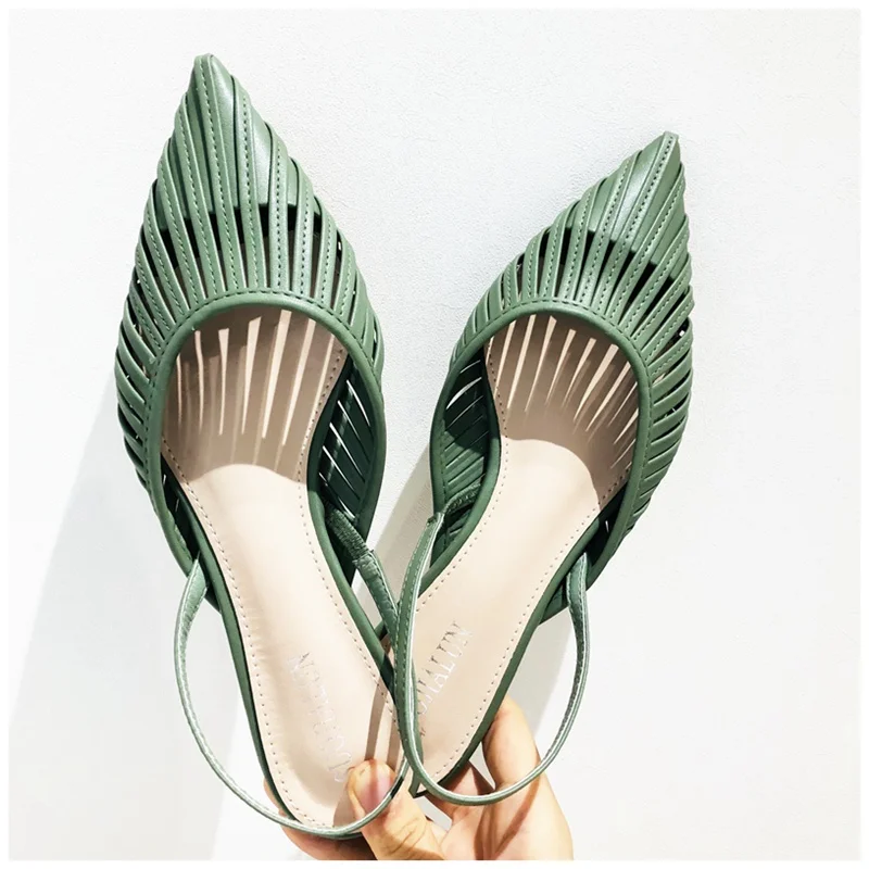 SUOJIALUN/женские летние сандалии на плоской подошве размера плюс 35-41, г. Фирменный дизайн, узкие сандалии без застежки с острым носком повседневные сандалии без задника - Цвет: Зеленый