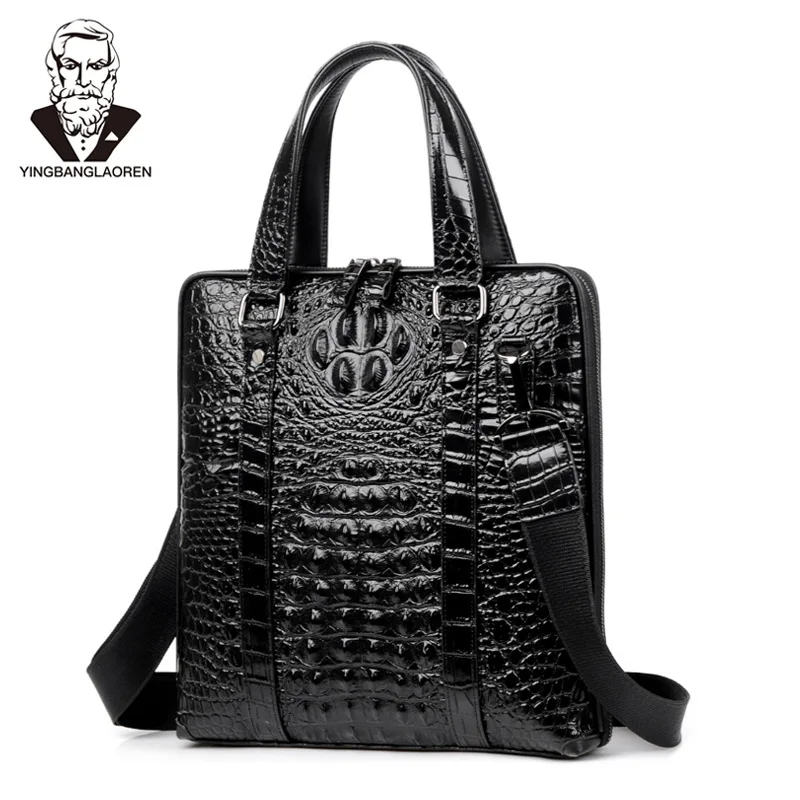Высококачественная Мужская сумка из коровьей кожи, портфель, сумка через плечо, сумка через плечо, сумка-мессенджер с крокодиловым узором, мужская деловая дорожная сумка - Цвет: Vertical Black