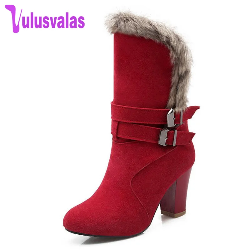 

Vulusvalas Size 33-43 4 Colors Women Half Short Boots Warm Plush Fur Shoes Round Toe Metal Buckle High Heel Boots Women Footwear