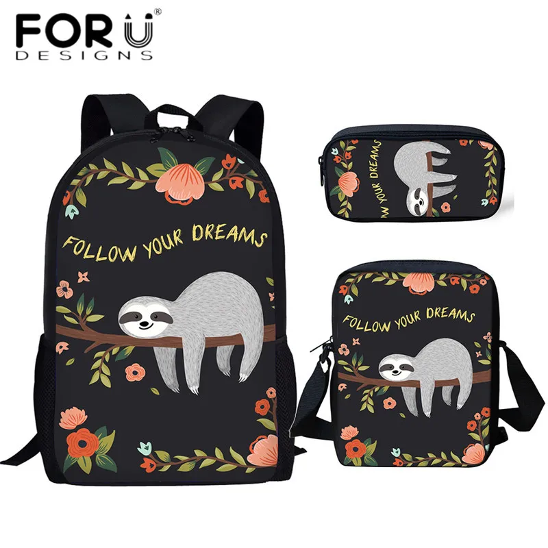

FORUDESIGNS Printing Letters Sloth Animal School Bags Cute Children Polyester School Backpacks Bookbag High Quality 3pcs Pen Bag