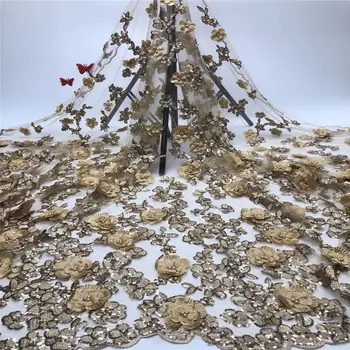 

(5yards / pc) high quality French mesh lace fabric with high quality 3D small floral sequin embroidery and beads African tulle l