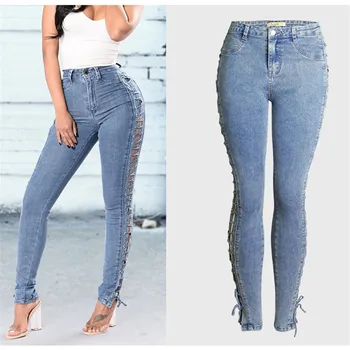 

New 2018 fashion Snow Wash sky blue streetwear jeans woman Mid Higt waist jeans side stripe Lace Up skinny pencil pants