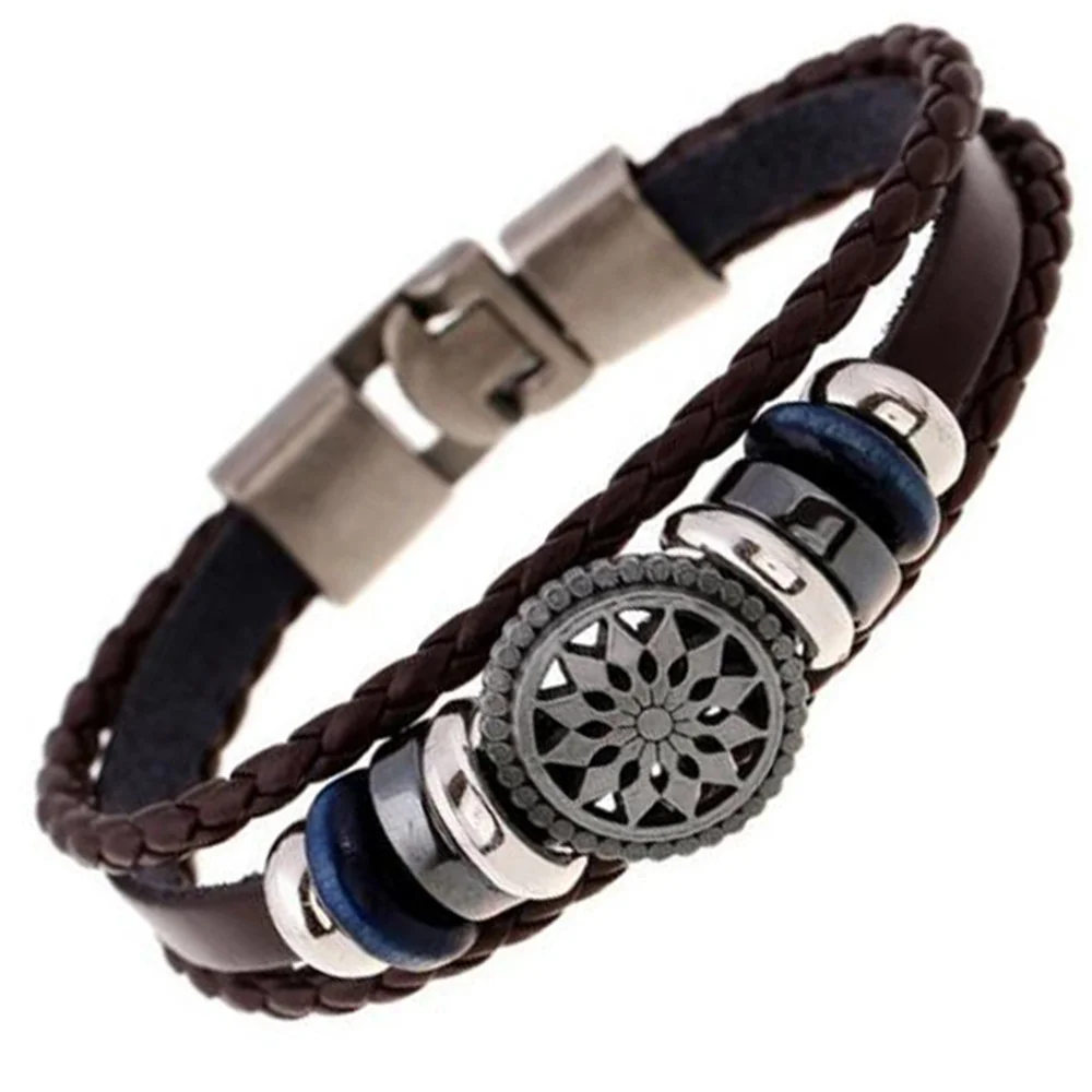 

Silver Plated Pattern Charms Braided Brown White Black Leather Wristband Bracelet For Women Men Charm Bracelets Male Female