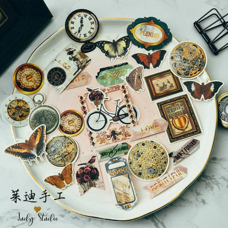 

35pcs/lot Vintage rose clock frame butterfly ruler Retro objects Decoration Sticker DIY Bulletjournal Scrapbooking Junk Journal