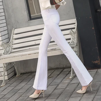

2018 new flare jeans pants bell bottom trousers female trousers spring and autumn white high waist slim hip plus size 9099