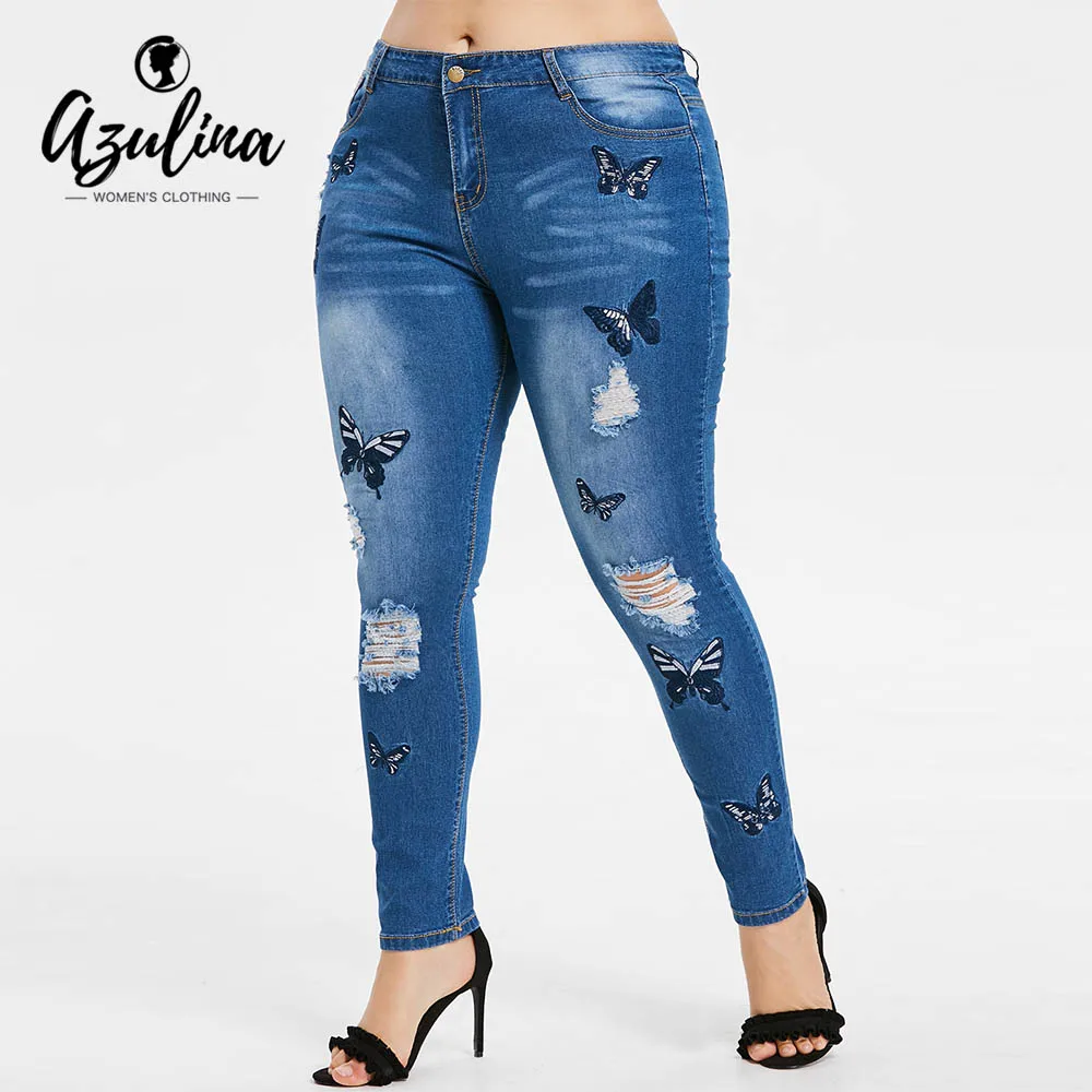 Rosegal Plus Size Butterfly Distressed Embroidered Jeans Women Pant Skinny High Waist Pencil Pants Denim Jean Ladies Trousers