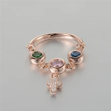 Compatible with European Jewelry Rose Gold Plated Cross Dangle Crystal RING 925 Sterling-Silver-Jewelry Women Rings Wholesale