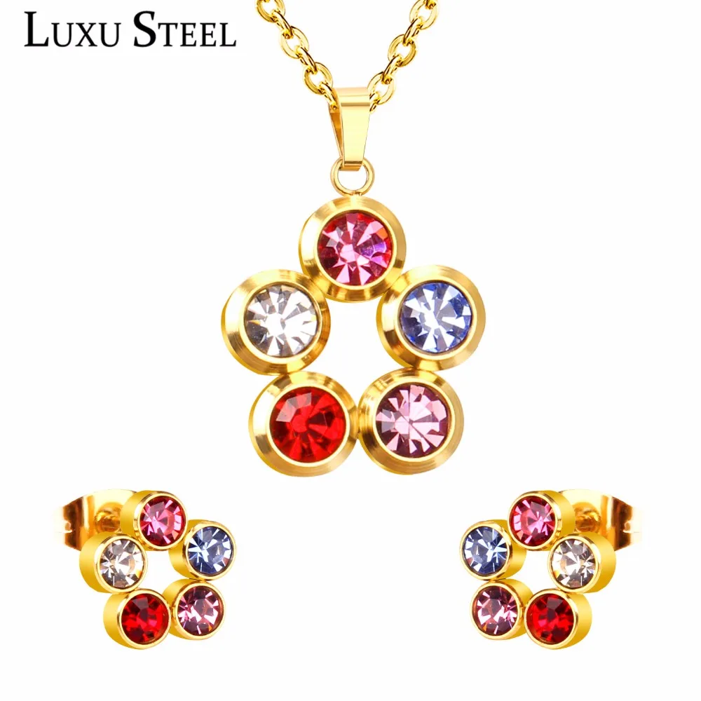 

LUXUSTEEL Bijoux Femme Classic Style Bridal Jewelry Sets Stainless Steel Crystal Pendant Necklace Earring Sets For Women