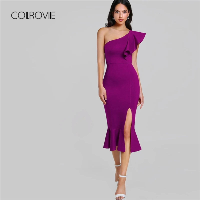 

COLROVIE Purple Ruffle One Shoulder Slit Sexy Dress Women 2018 Autumn High Waist Sleeveless Party Dress Elegant Long Dresses
