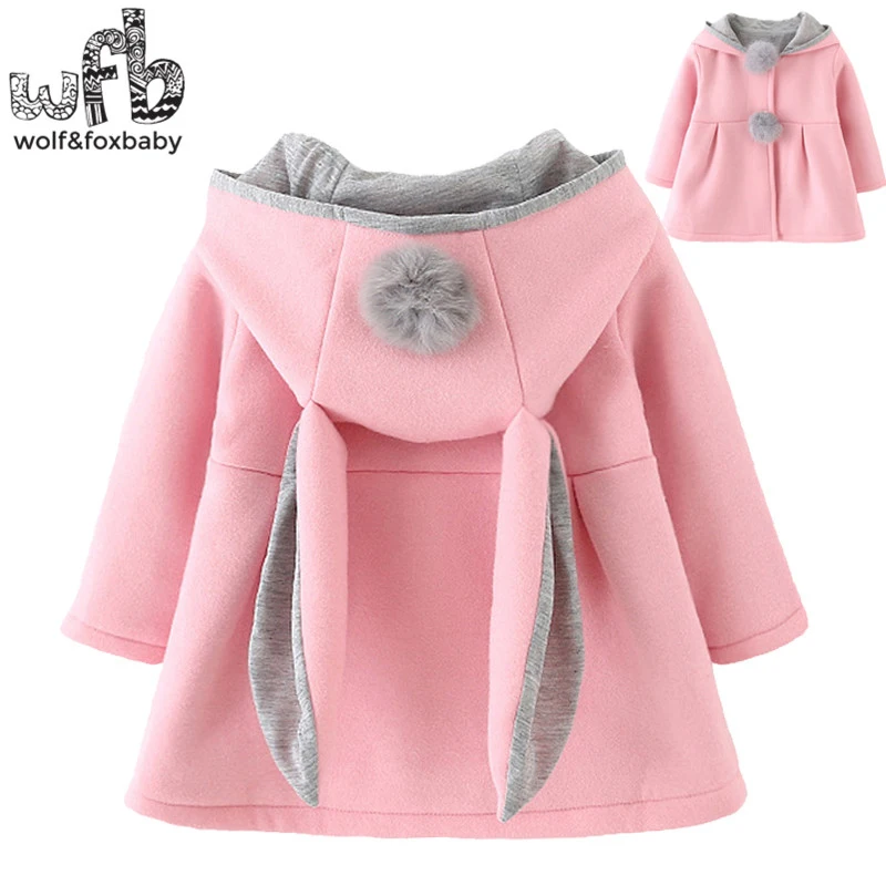 Пальто для детей возрастом 0–3 года в розницу детское симпатичное теплое осенне-зимнее одноцветное пальто с длинными рукавами и капюшоном с ушами кролика из мультфильма
