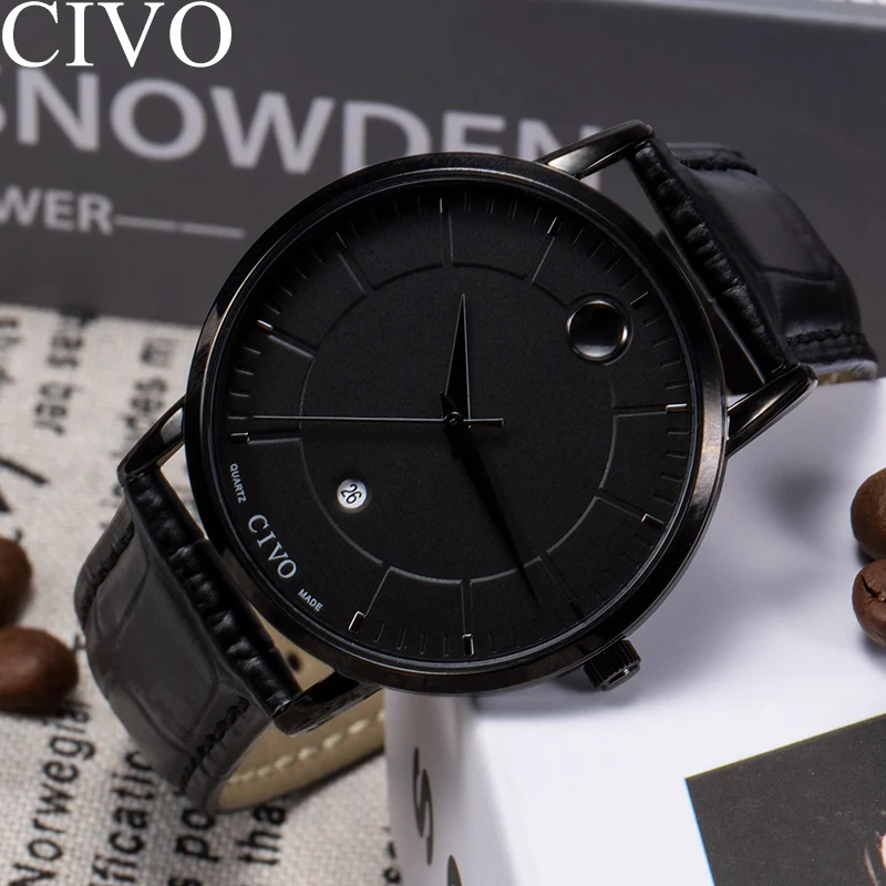 CIVO Fashion  Simple Mens Watches Waterproof Genuine Leather Quartz Wrist Watch For Men Date Calendar Gents Casual Reloj Hombre