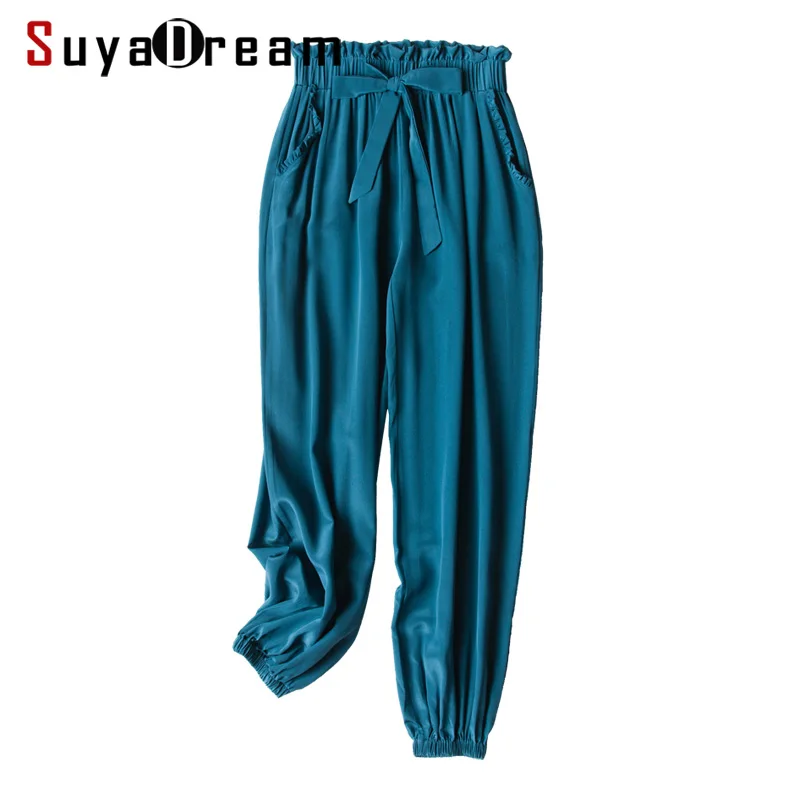 

Women Pants 100%Real Silk Crepe Solid Elastic Waisted Pants OL Ankle-Length Pants 2019 Office Lady Spring Summer Trousers New