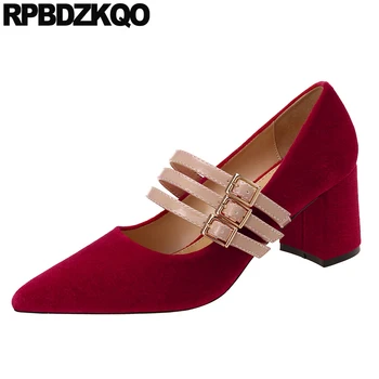 

mary jane shoes size 33 4 34 thick pointed toe velvet strap red elegant 2019 women pumps high heels strappy footwear designer