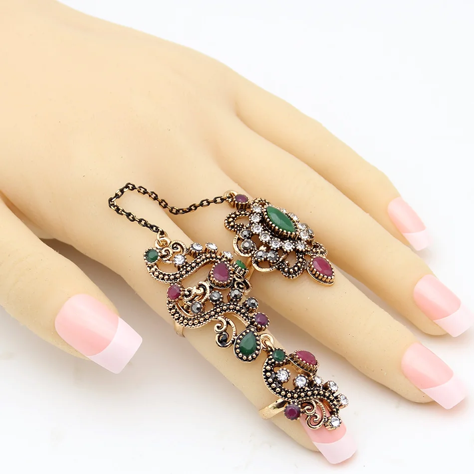 Классическая турецких женщин цветы кольцо двойной палец кольцо искусственный алмаз смолы бижутерия регулируемые размер подходит для увеличения размера Екатерина принцесса ювелирный стиль кольца женское