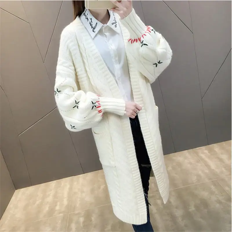 ^Cheap 2019 Women Autumn Elegant Lantern Sleeve Cardigan Coat Female Causal Long Knitted Sweater Sweet Outwear Crochet Knitwear K11